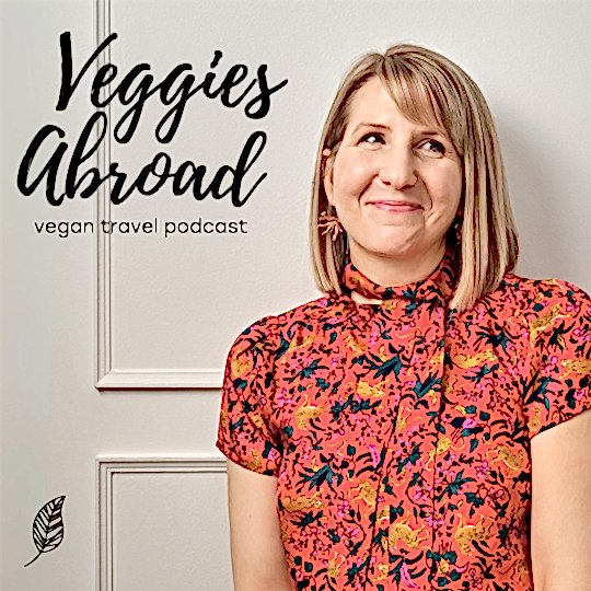 rebecca gade sawicki next to the veggies abroad vegan travel podcast logo