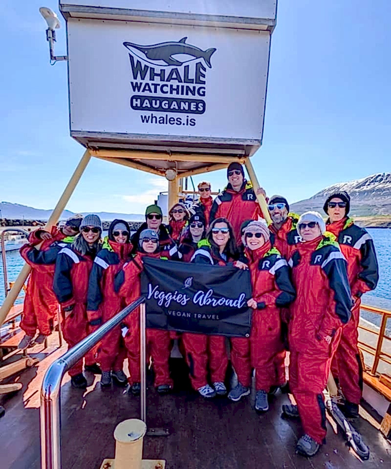 group photo of 15 people in bright red jump suits on a whale watching boat in iceland holding a sign that says veggies abroad vegan tours and travel